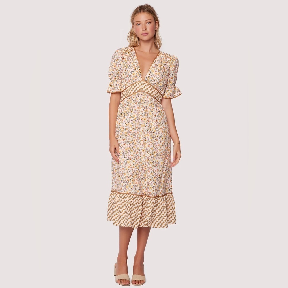 NWOT Lost + Wander Spring Sunrise Midi Dress Yellow Floral Large